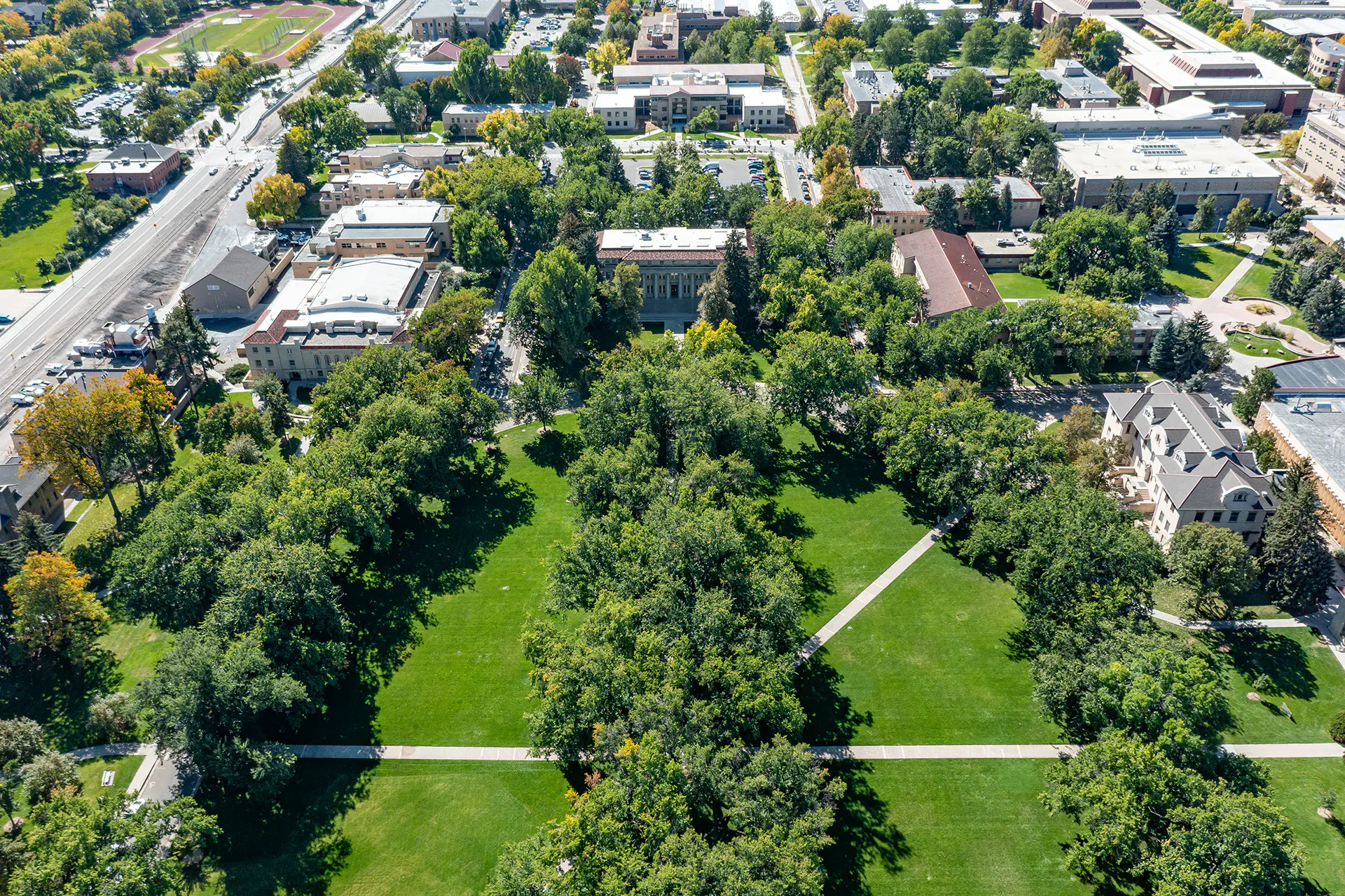 Aerial shot of campus and the famous Oval